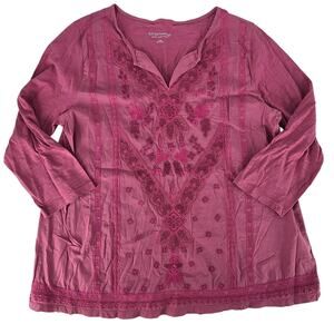 Soft Surroundings Embroidered 100% Cotton 3/4 Sleeve Tunic Top Womens Large Pink